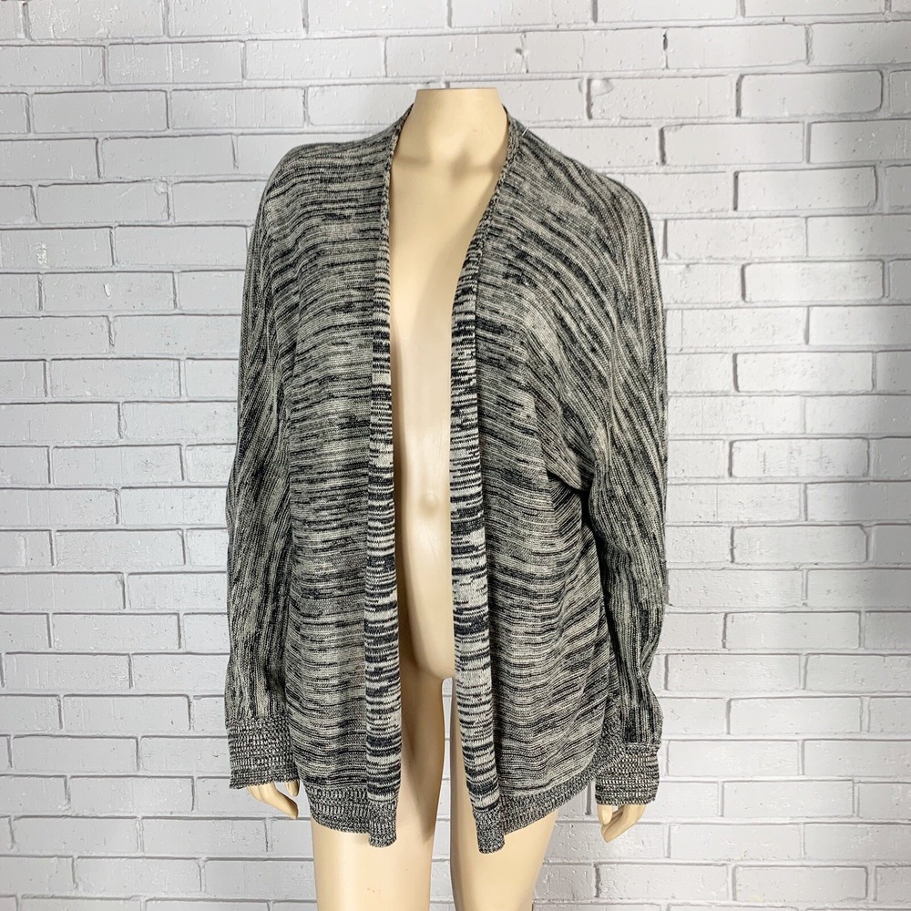 Eileen Fisher Linen Open Front Shawl Collar Black White Cardigan Quiet Luxury XL